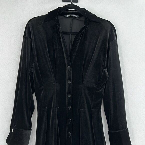 Zara Black Velvet V Neck Long Sleeve Pleated Button Front Shirt Dress Size XS - Picture 6 of 8